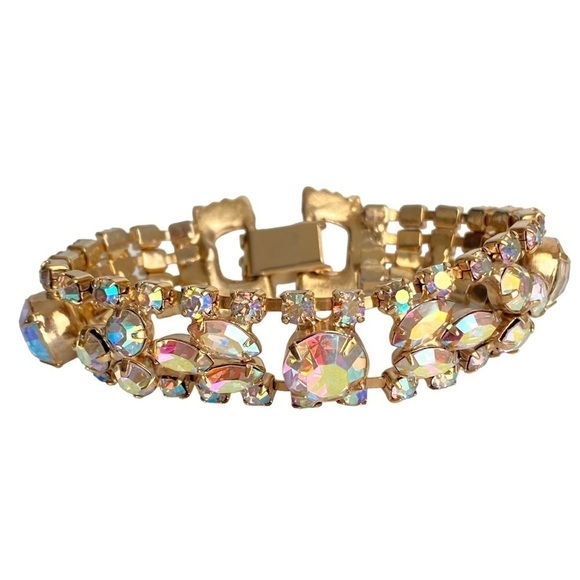 Vintage 60s Aurora Borealis Rhinestone Bracelet Iridescent AB Crystal Cocktail - Picture 1 of 11